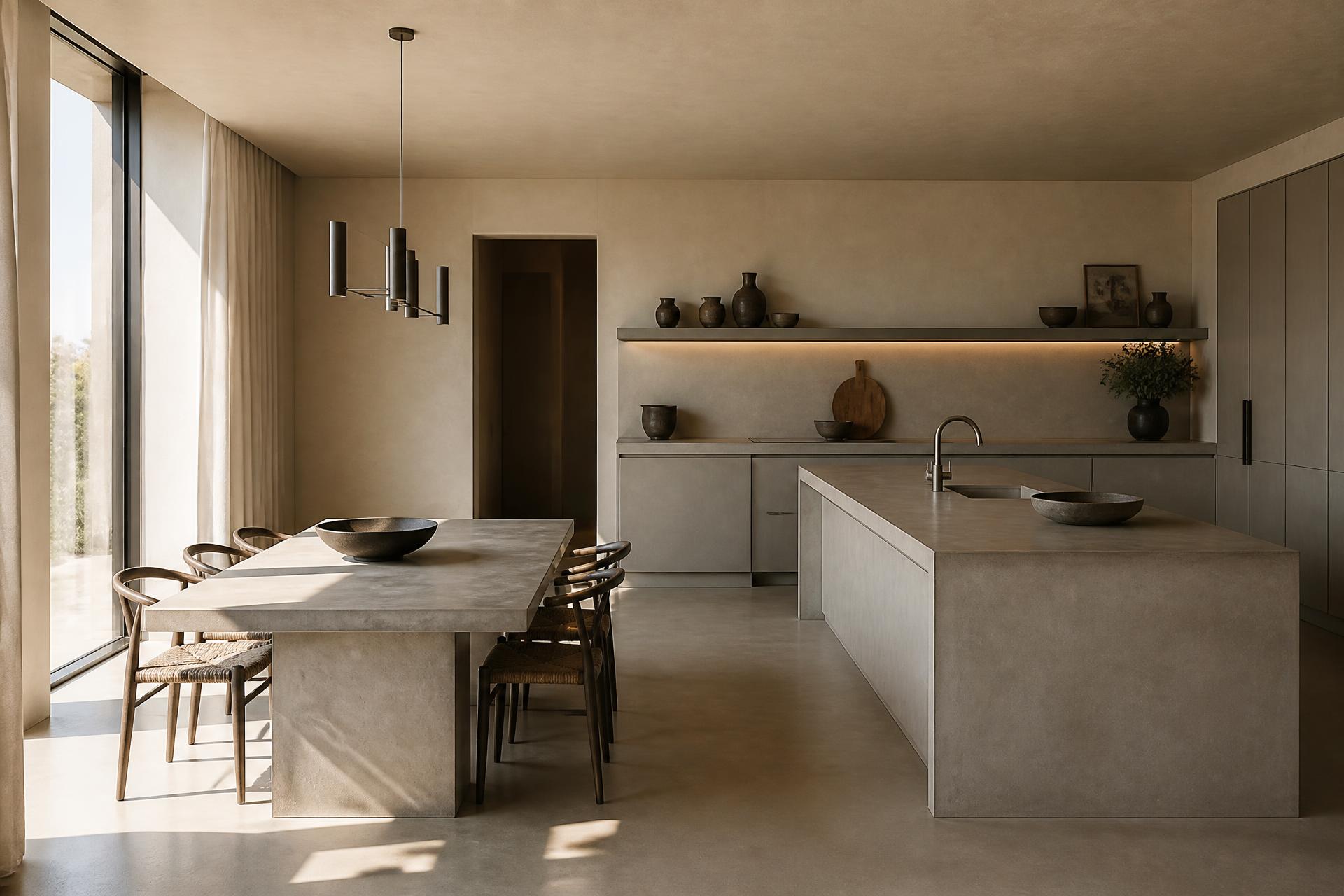 Contemporary kitchen and dining space rendered in Concrete