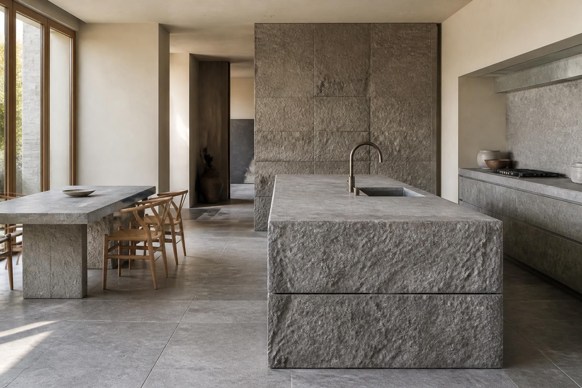 Contemporary kitchen and dining space rendered in Natural Stone