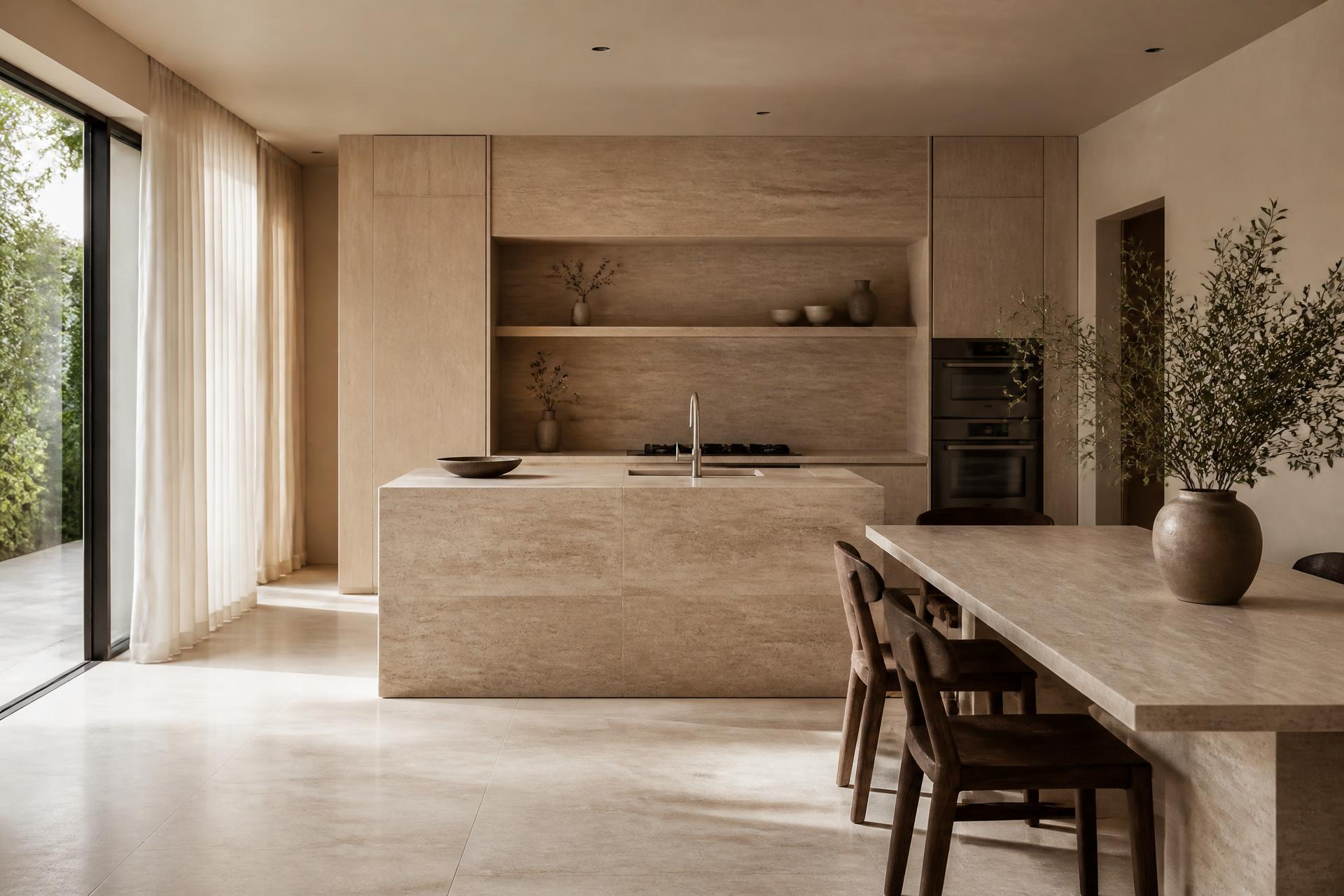Contemporary kitchen and dining space rendered in Travertine
