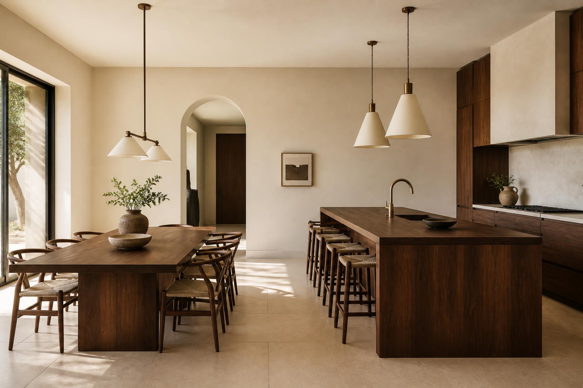 Contemporary kitchen and dining space rendered in American Walnut